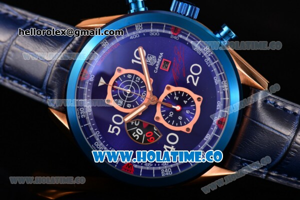 Tag Heuer Carrera Calibre 1887 50th Anniversary Limited Edition Miyota OS20 Quartz Rose Gold Case with Blue Dial and Leather Strap - Click Image to Close
